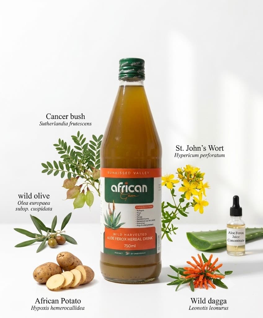 The African Gem bottle surrounded by its botanicals: cancer bush, St. John's Wort, wild olive, African potato, wild dagga and aloe ferox