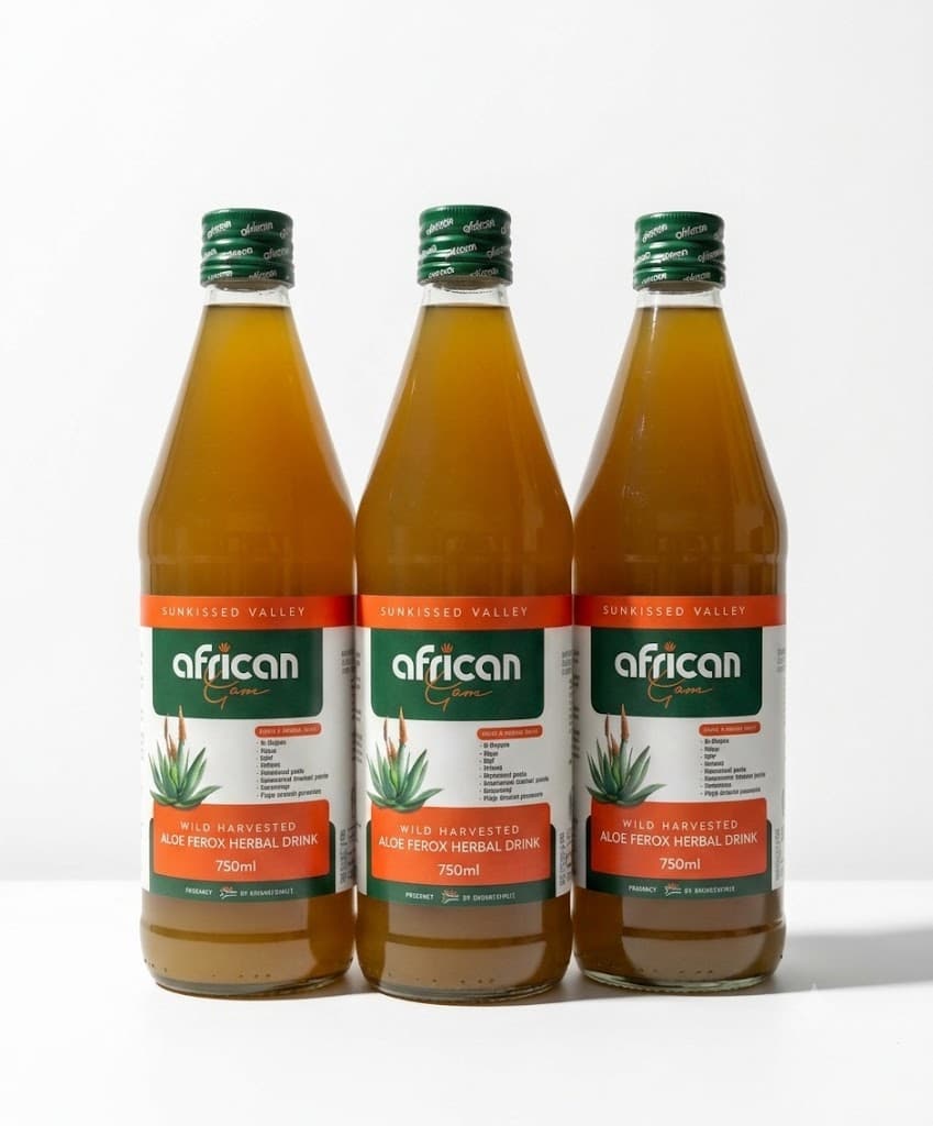 Three 750ml bottles of African Gem Aloe Ferox Herbal Drink