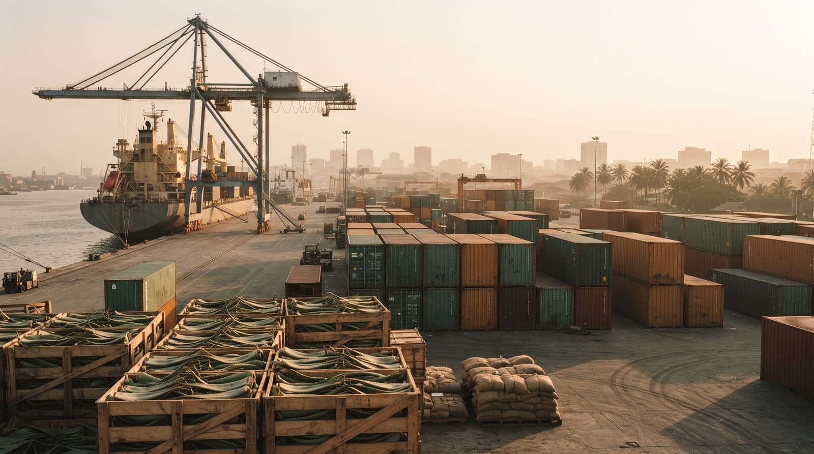 A West African container port at golden hour, with crates of harvested aloe ferox leaves on the quayside