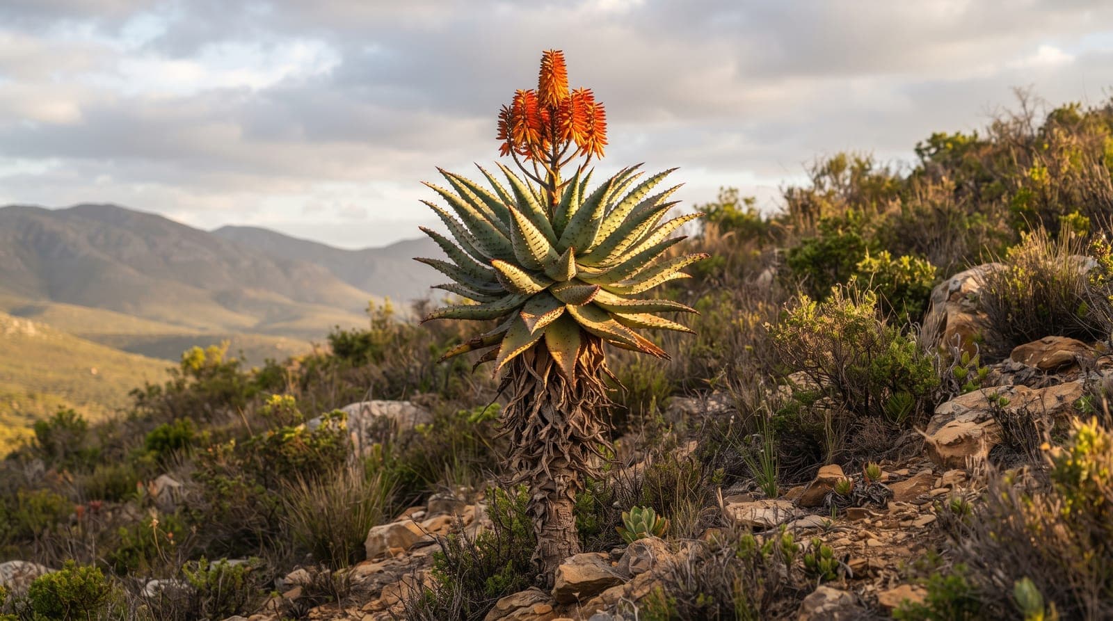 A tall wild Aloe Ferox plant on a rocky South African hillside, thick spined leaves in a crown above a single woody stem, dry scrubland and mountains behind it