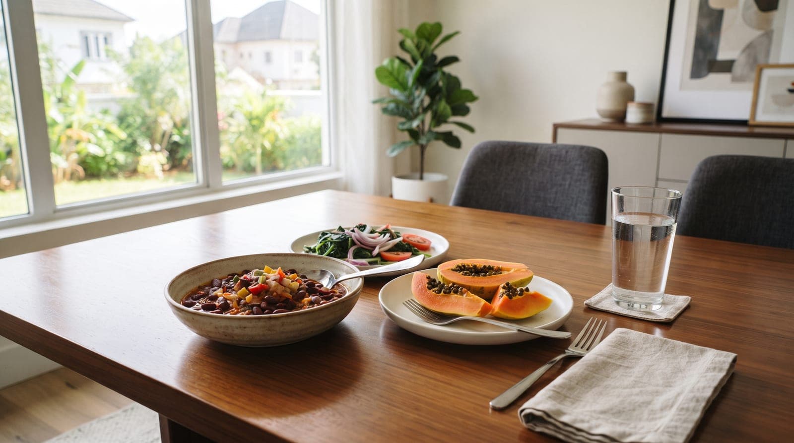 An unhurried Nigerian lunch laid out on a wooden table in daylight: a bowl of beans, sliced pawpaw, steamed vegetables and a tall glass of water, one plate half finished