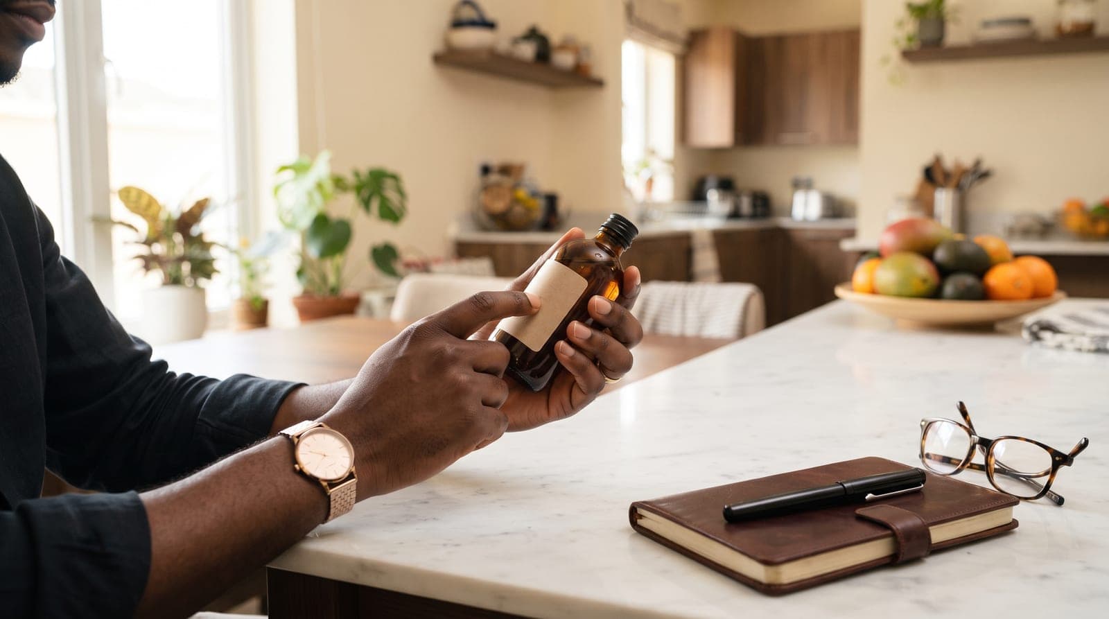 Close view of hands turning a glass bottle to read the back of it in daylight, with a notebook and reading glasses on the table alongside