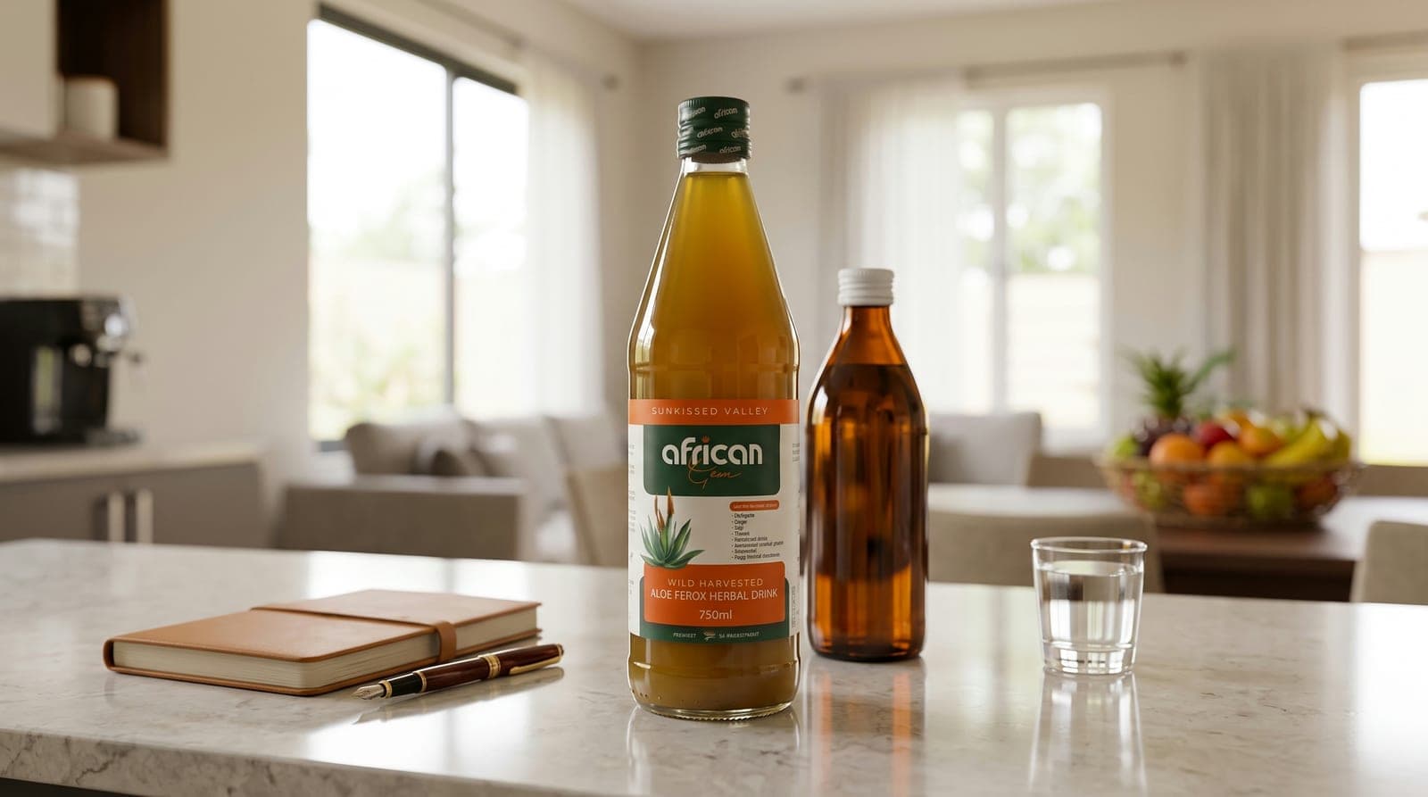 A 750ml bottle of African Gem Aloe Ferox Herbal Drink standing on a kitchen worktop in front of a smaller unlabelled tonic bottle, with a notebook, pen and glass of water beside them