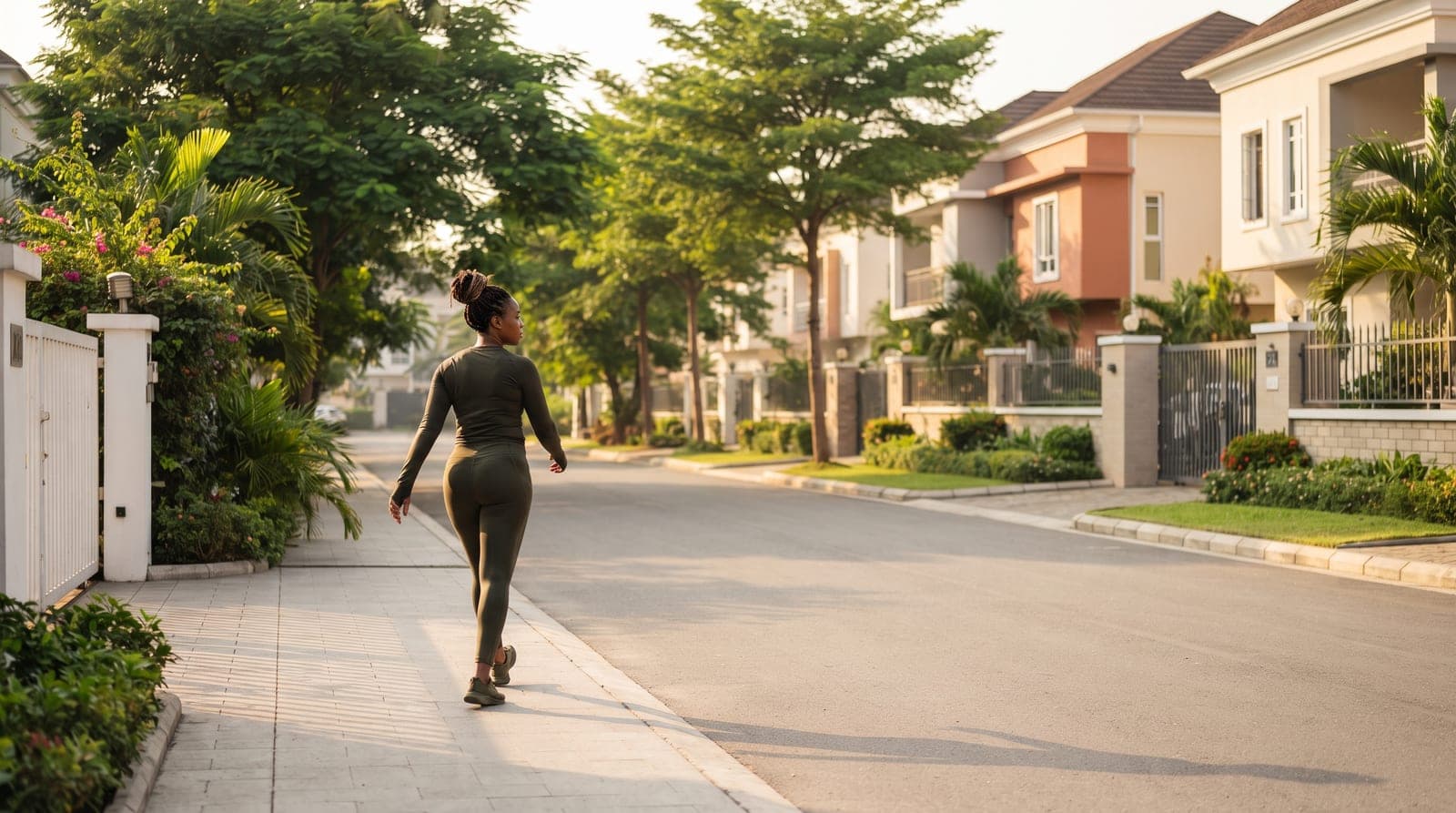Early morning in a Nigerian neighbourhood, a woman in her forties walking a quiet residential street in soft light, trees overhead, the day not yet started
