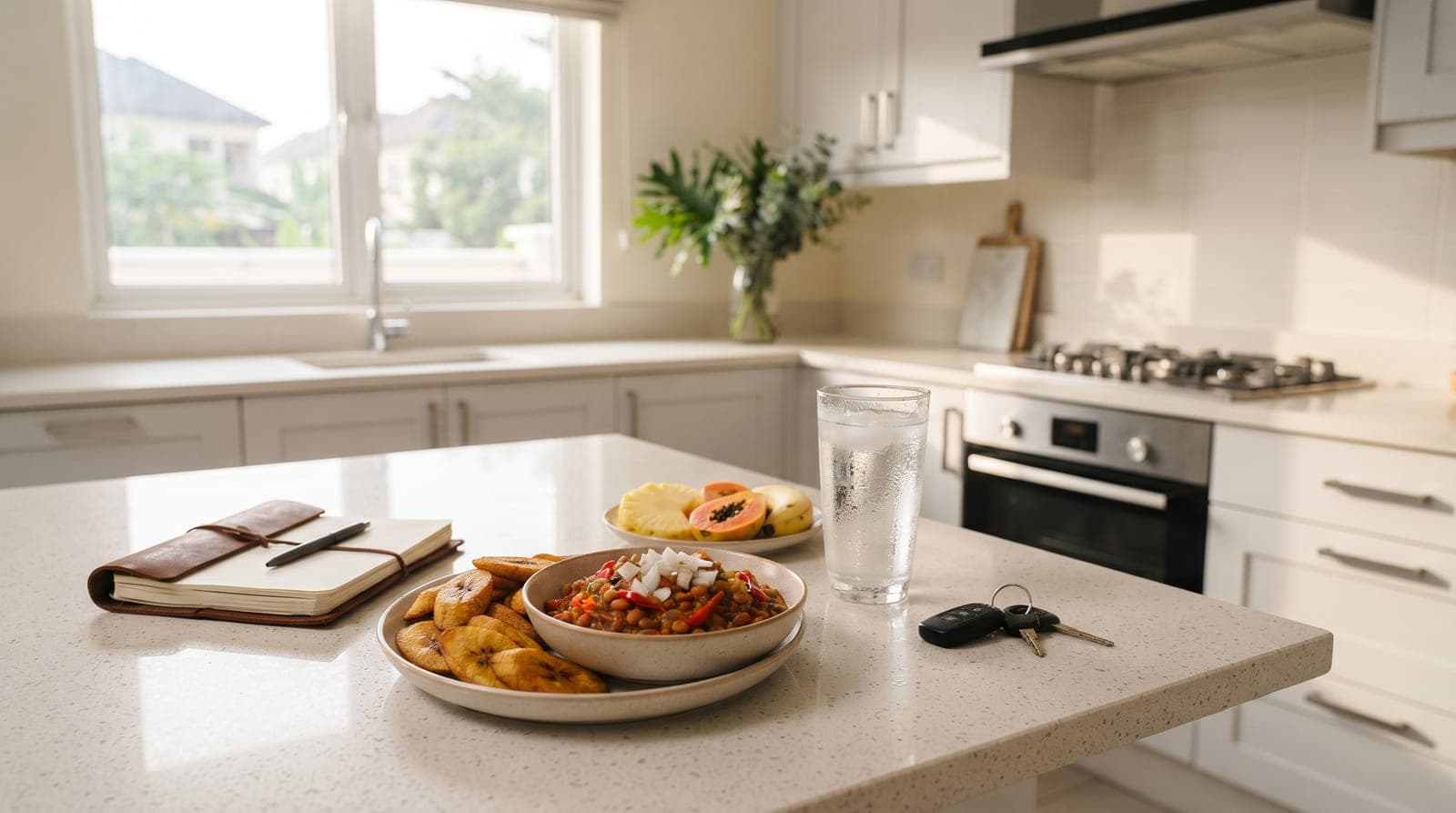 Morning light across a Nigerian kitchen table set with a glass of water, a bowl of beans and boiled plantain, and a notebook, before the working day begins
