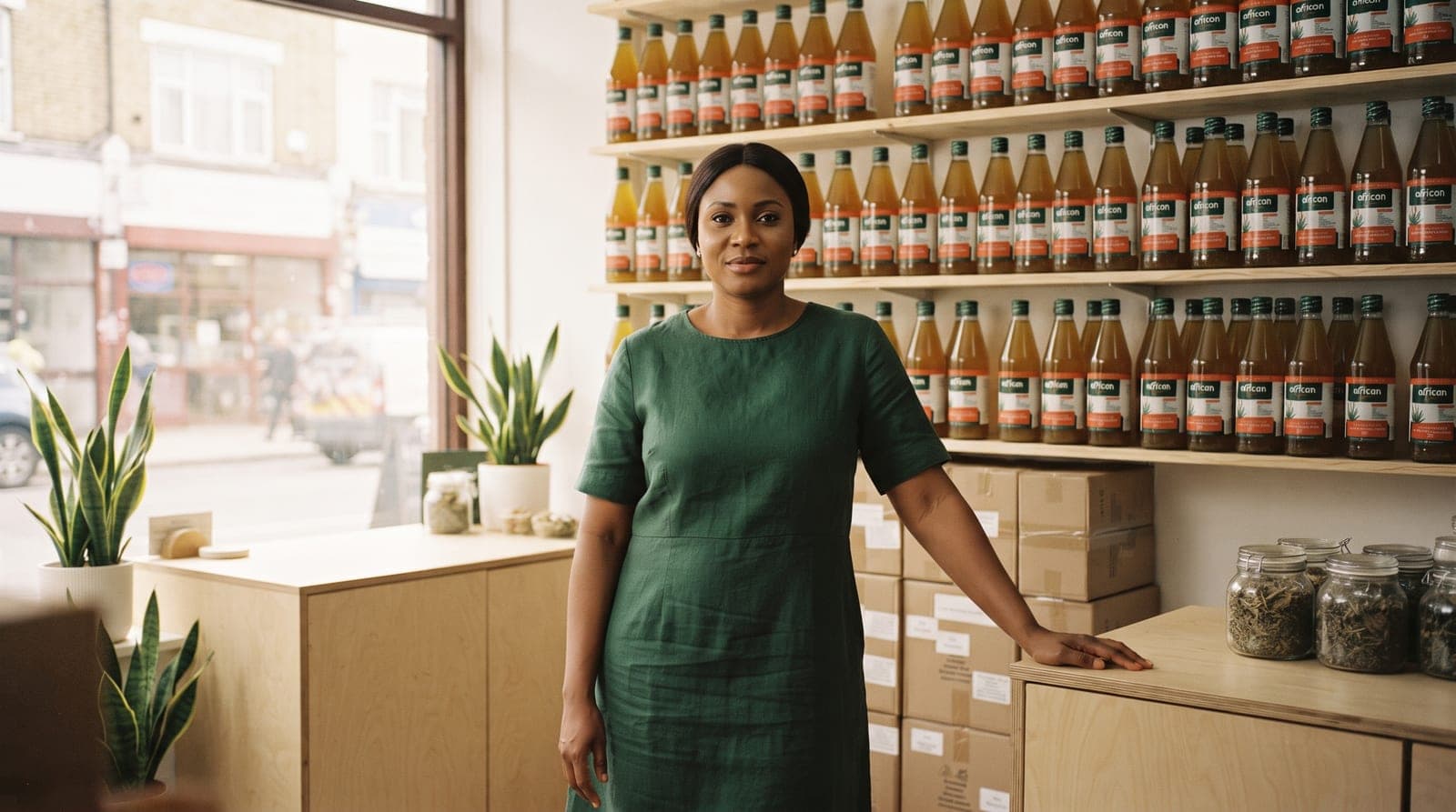 A shop owner standing in a wellness store, shelves stocked with African Gem Aloe Ferox Herbal Drink