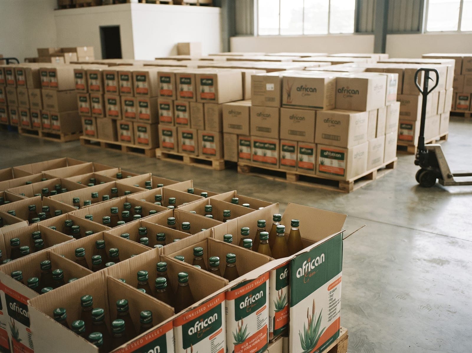 Cartons of African Gem Aloe Ferox Herbal Drink stacked on pallets in a stockroom